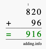 Calculate 820 + 96 using long addition
