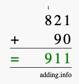 Calculate 821 + 90 using long addition