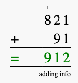 Calculate 821 + 91 using long addition