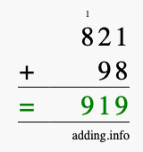 Calculate 821 + 98 using long addition