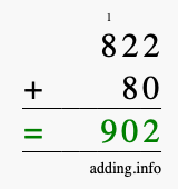 Calculate 822 + 80 using long addition