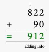 Calculate 822 + 90 using long addition