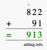 Calculate 822 + 91 using long addition
