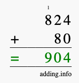 Calculate 824 + 80 using long addition