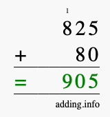 Calculate 825 + 80 using long addition