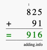 Calculate 825 + 91 using long addition