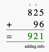 Calculate 825 + 96 using long addition