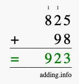 Calculate 825 + 98 using long addition