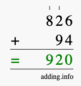 Calculate 826 + 94 using long addition
