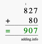 Calculate 827 + 80 using long addition