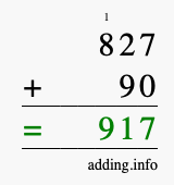Calculate 827 + 90 using long addition