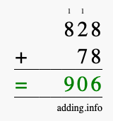 Calculate 828 + 78 using long addition