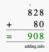 Calculate 828 + 80 using long addition