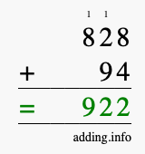 Calculate 828 + 94 using long addition