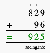 Calculate 829 + 96 using long addition