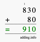 Calculate 830 + 80 using long addition