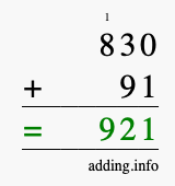 Calculate 830 + 91 using long addition