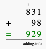 Calculate 831 + 98 using long addition