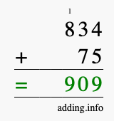 Calculate 834 + 75 using long addition