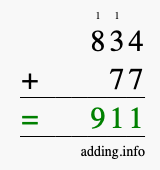 Calculate 834 + 77 using long addition