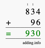 Calculate 834 + 96 using long addition
