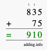 Calculate 835 + 75 using long addition
