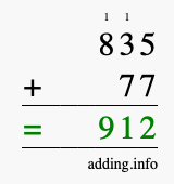 Calculate 835 + 77 using long addition