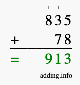Calculate 835 + 78 using long addition