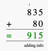 Calculate 835 + 80 using long addition