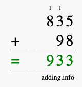 Calculate 835 + 98 using long addition