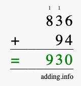 Calculate 836 + 94 using long addition