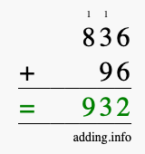 Calculate 836 + 96 using long addition