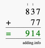 Calculate 837 + 77 using long addition