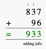 Calculate 837 + 96 using long addition
