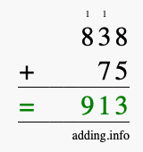 Calculate 838 + 75 using long addition