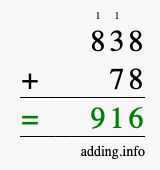Calculate 838 + 78 using long addition