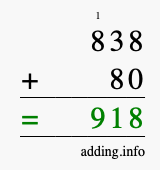 Calculate 838 + 80 using long addition