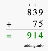 Calculate 839 + 75 using long addition