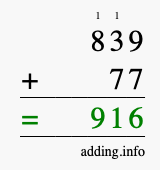 Calculate 839 + 77 using long addition