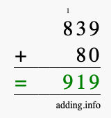 Calculate 839 + 80 using long addition