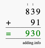 Calculate 839 + 91 using long addition
