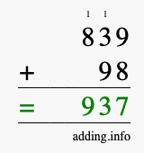 Calculate 839 + 98 using long addition