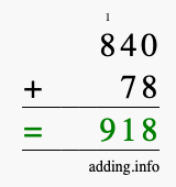 Calculate 840 + 78 using long addition