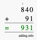 Calculate 840 + 91 using long addition