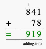 Calculate 841 + 78 using long addition