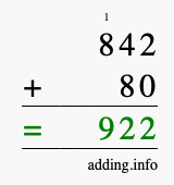 Calculate 842 + 80 using long addition