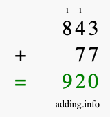 Calculate 843 + 77 using long addition