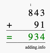 Calculate 843 + 91 using long addition