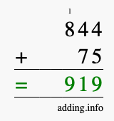 Calculate 844 + 75 using long addition