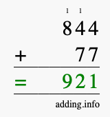 Calculate 844 + 77 using long addition